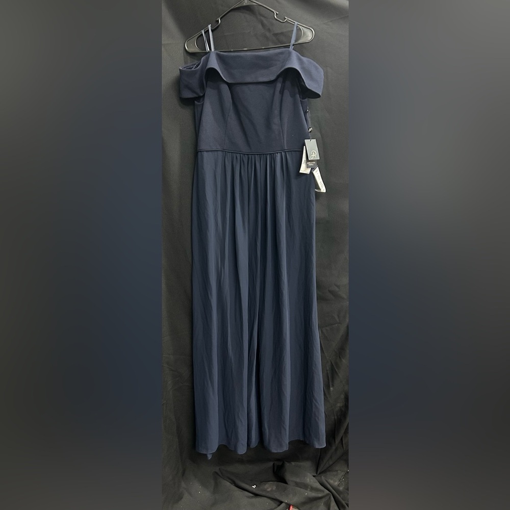 Adrianna Papall Off-The-Shoulder Chiffon Gown in Navy Blue (00022)